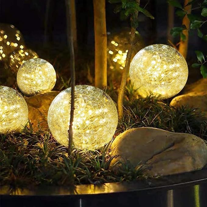 SyouHome Solar Garden Lights Outdoor Waterproof, 4 Pack LEDs Cracked Glass Ball Light, Ground Landscape Garden Decor, Solar Globe Decorative for Pathway/Patio/Lawn/Yard