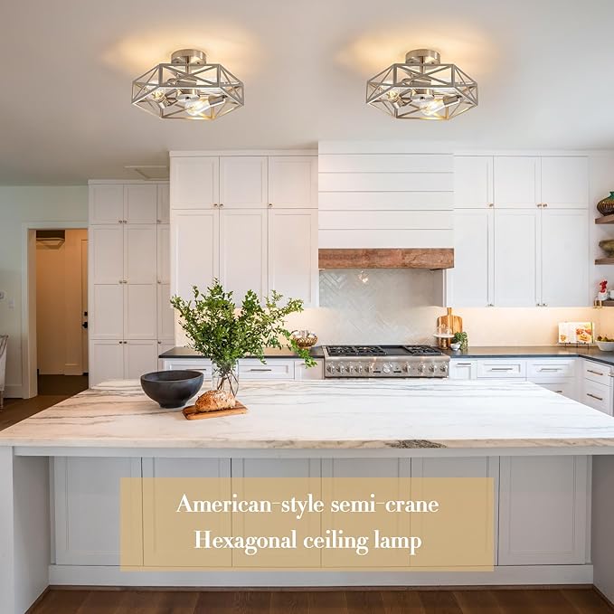 2 Pack Close to Ceiling Light Fixtures, 3-Lights Cage Flush Mount Ceiling Light, 14.5 Inch Brushed Nickel Semi Flush Mount Ceiling Light for House Bedroom Laundry Hallway Kitchen