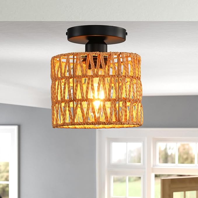 Ceiling Light Fixture,Hand-Woven Rattan Flush Mount Ceiling Light,Farmhouse Light Fixtures Ceiling Mount Boho for Hallway Bedroom Kitchen Entryway Living Room