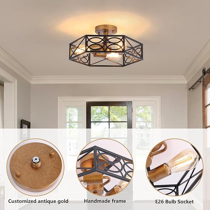 Industrial Semi Flush Mount Ceiling Light Fixture, Retro Gold Close to Ceiling Light with Black Metal Hexagon Cage, Vintage Farmhouse 3-Light Ceiling Lamp for Kitchen, Hallway, Bathroom