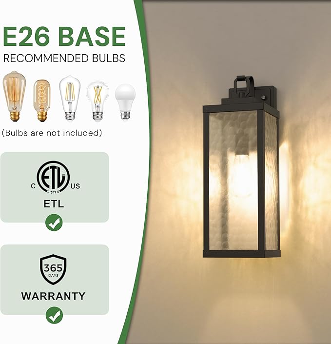 DORESshop Large Size Dusk to Dawn Outdoor Wall Lights, 16 Inch Matte Black Waterproof Anti-Rust Outdoor Light Fixtures Wall Mount with Water Ripple Glass Shade for Porch, Garage, ETL Listed, 2 Pack