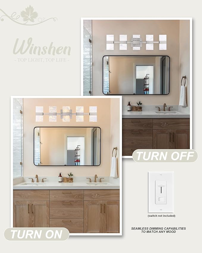 LED 3000K Bathroom Light Fixture in Brushed Nickel, Modern 5-Lights Vanity Lighting with Smoke Acrylic Shades, Wall Lamp Over Mirror for Kitchen Bedroom (Integrated Led Chips Included)