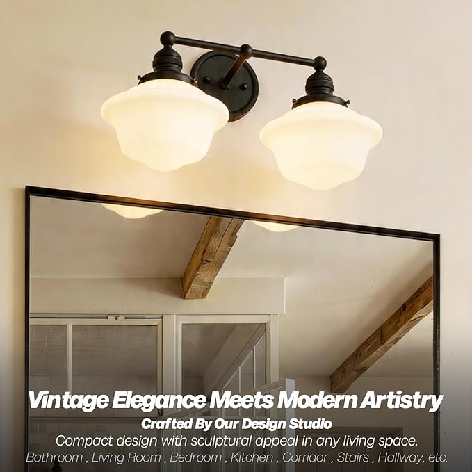 Vintage 2-Lights Wall Sconce Lights Black Bathroom Vanity Light with Milk Glass Double Sconce Wall Mounted Lamp for Bedroom Living Room Bathroom Mirror Kitchen Hallway Hardwire