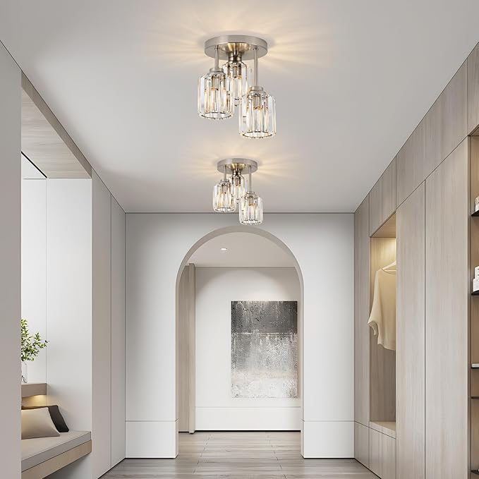 Brushed Nickel Semi Flush Mount Ceiling Light, 3-Light Modern Crystal Chandelier with Clear K9 Crystal Shades, Kitchen Light for Hallway Kitchen Bathroom Entryway