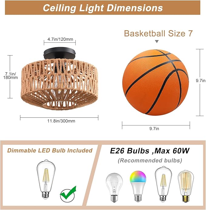 Ceiling Light Fixture,Hand-Woven Rattan Flush Mount Ceiling Light,Farmhouse Light Fixtures Ceiling Mount Boho for Hallway Bedroom Kitchen Entryway Living Room