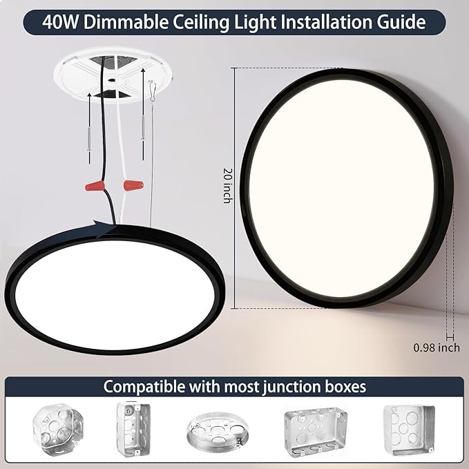 20 Inch Flush Mount Ceiling Light, 40W Dimmable LED Fixture 4000LM, 3000K/4500K/6000K Adjustable, Round Ceiling Lamp for Bedroom, Kitchen, Living Room, Dining Room, Bathroom, Black