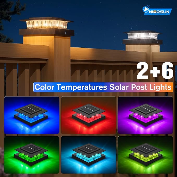 NIORSUN Solar Post Cap Lights Outdoor Waterproof, 4x4 Post Solar Lights RGB Color Changing, Fence Posts Solars Light for Deck Patio Garden Decoration, 4x4 Posts Caps Wood Vinyl, 6 Pack (Black)