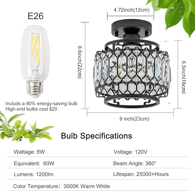9" Modern Black Crystal Flush Mount Light - 50% Brighter LED, Dimmable Chandelier - Reinforced Iron Frame & K9 Crystals - Easy Install for Bedroom, Kitchen, Hallway