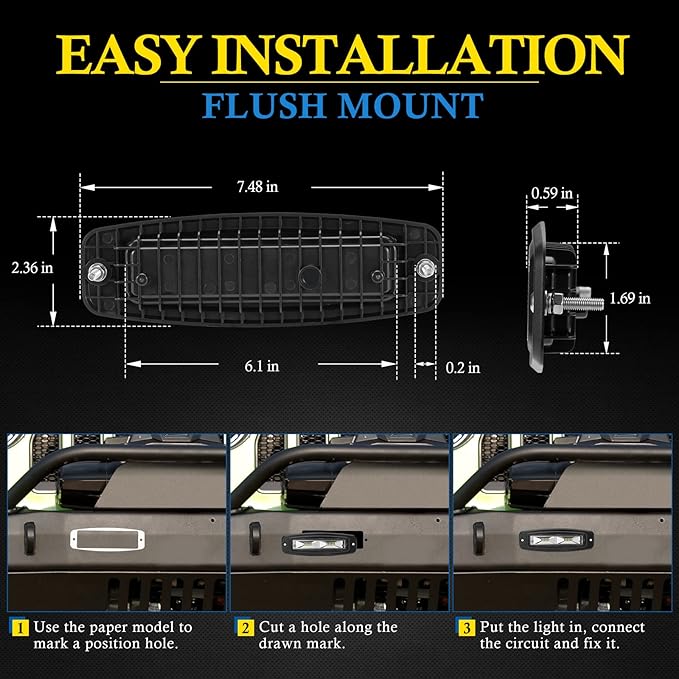 BUNKER INDUST 7" Inch Flood LED Light Pods,Pair Flush Mount LED Work Light 4800LM Light Bar Backup Driving Lights Waterproof for Truck Tractor Off Road 4x4 Jeep Pickup SUV ATV UTV Golf Cart