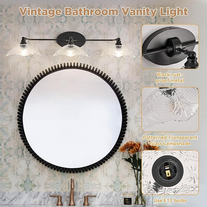 Vintage Vanity Light, 3-Light Black Vanity Light Bathroom Lights fixtures Over Mirror 33.85 Inch Modern Dimmable Bath Light Fixture for Bathroom Makeup, (Requires E12 Bulb, Not Included)