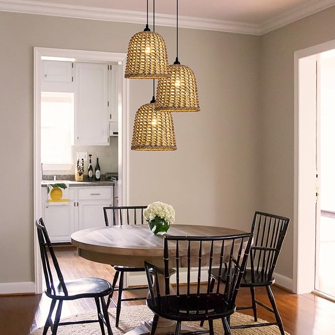 Mini Rattan Pendant Light Fixtures,9.5" Boho Pendant Light,3-Pack Hand Woven Seagrass Rattan Chandelier for Dining Living Bedroom Kitchen Farmhouse