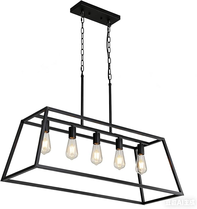 Black 5-Light Farmhouse Kitchen Island Lighting, Modern Industrial Linear Rectangle Chandelier Pendant Light Fixtures, Metal Vintage Cage Chandelier for Dining Room Kitchen Bar Foyer, E26 Base