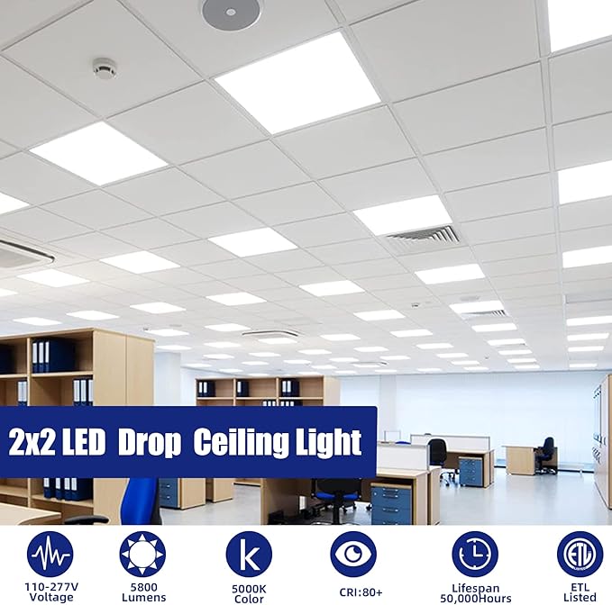 2X2 LED Flat Panel Light Drop Ceiling Office Fixture,5000K Recessed Edge-Lit 0-10V Dimmable LED Flush Mount Ceiling Light, 5800 lumens 2x2 Troffer Lights for Kitchen,ETL