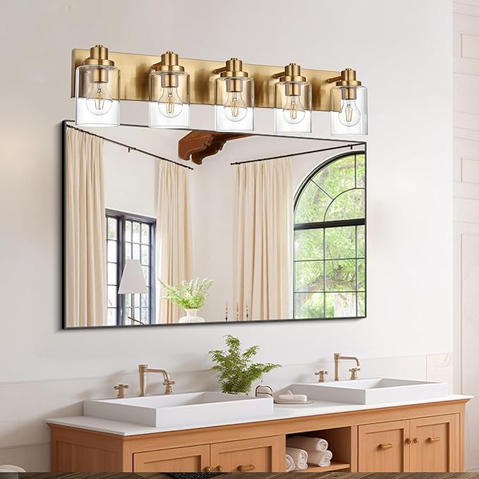 5 Light Bathroom Vanity Lights Brushed Brass Bathroom Lighting Fixtures Over Mirror with Clear Glass Shades, Modern Industrial Wall Sconces Vanity Lighting Fixture for Bedroom Living Room