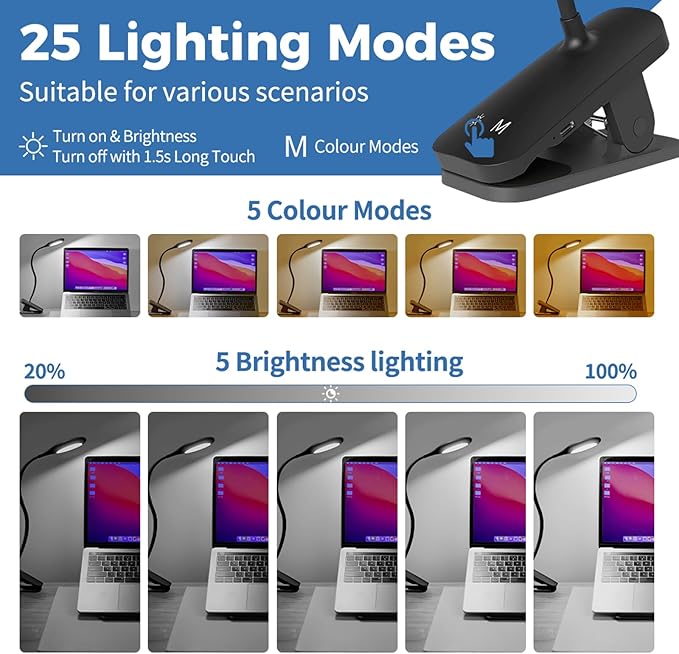 CUHIOY 2Pack Clip on Reading Light, 5 Colors 5 Brightness Bed Light for Headboard, Battery Rechargeable Flexible Neck Desk Lamp with Strong Clamp, Eye Protect LED Night Light for Kids Bunk Bed（Black）
