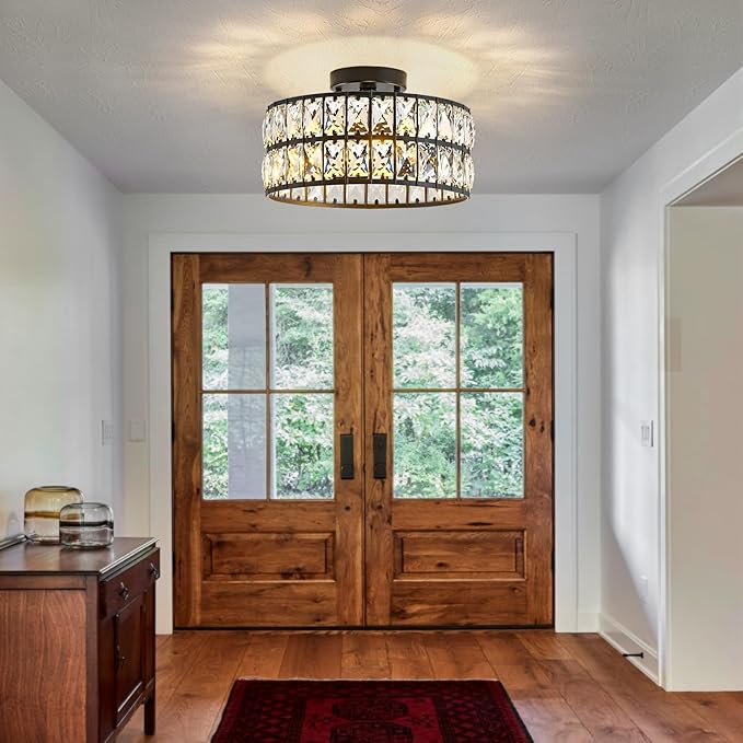HuixuTe Modern Bedroom Light Fixtures Ceiling, 12.5" Round Drum Crystal Chandelier 3-Light, Black Semi Flush Mount Ceiling Light for Dining Room Kitchen Hallway Living Room