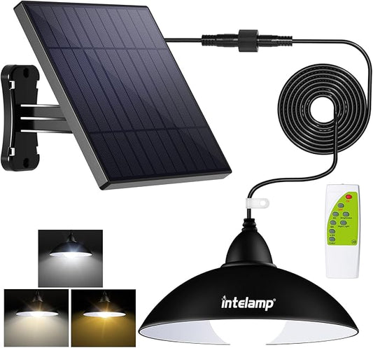 intelamp Solar Pendant Lights Indoor Outdoor, 4000mAh Gazebo Shed Chandeliers with Remote All Day/Night Mode 16.4Ft Hanging Warm White Lighting for Outside Barns Chicken Coop