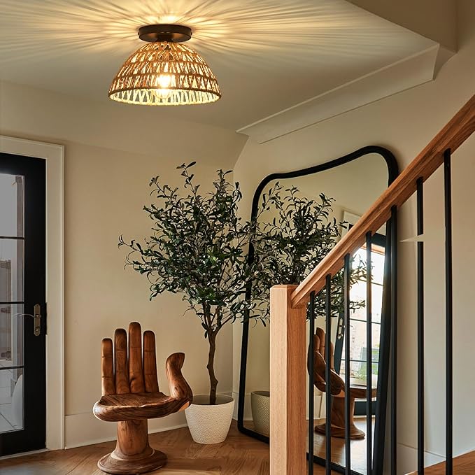 2 Pack 10.2" H Farmhouse Fixtures Ceiling Mount, Brown Rattan Boho Semi Flush Mount Ceiling Light,Hand Woven Hallway Light Fixtures for Bedroom Entryway