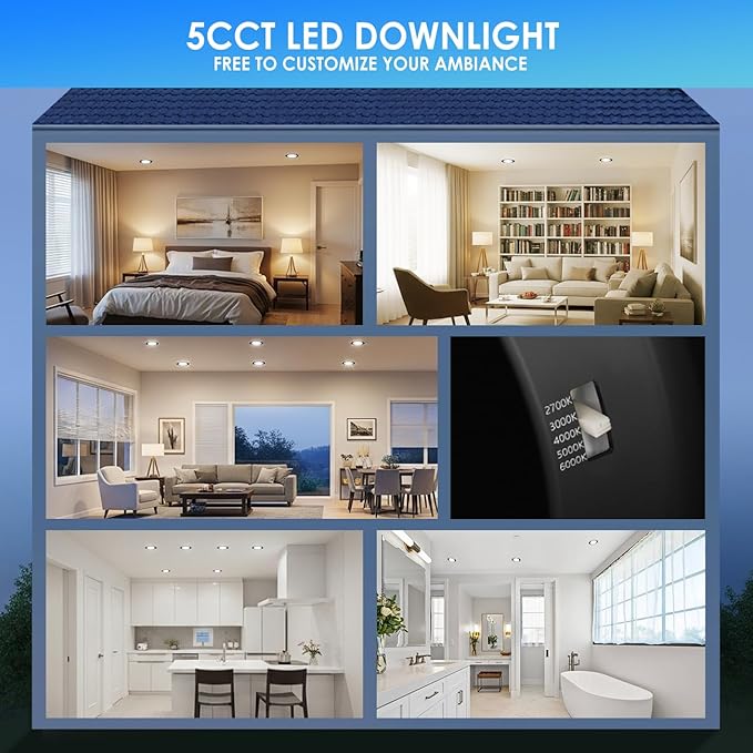 ANWIO Recessed Lighting 4 Inch Black, 5CCT 6W 700LM Flat Retrofit LED Recessed Lights Can Needs, 2700/3000/4000/5000/6000K Selectable Can Lights CRI 80+ Dimmable E26 Base IC Rated & ETL 8 Pack