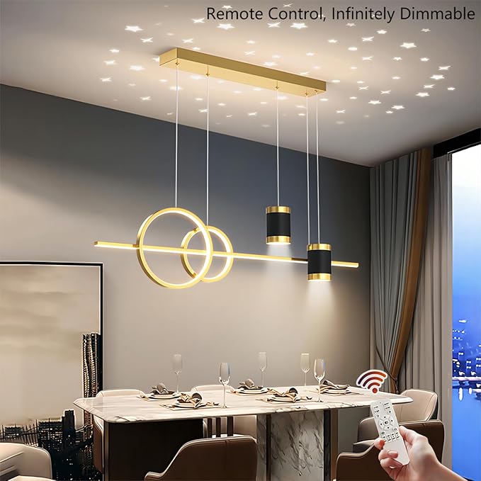 5 Lights LED Island Light, 39.4 Inch Creative Island Light with Remote Control & Infinitely Dimmable Hanging Light, Geometric Linear Pendant Light for Dining Room, Gold