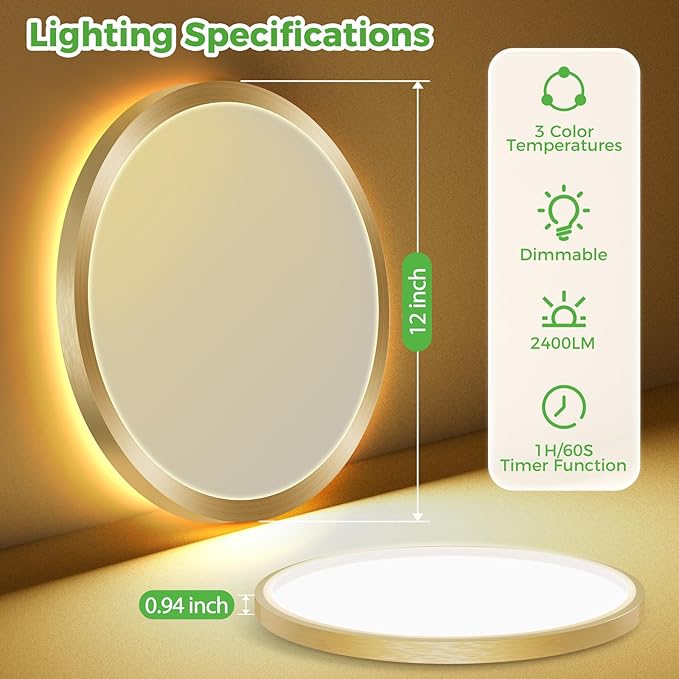 zemty 12 Inch LED Ceiling Light with Night Light 1800K, 3000K/4000K/6500K Dimmable Fixture with Remote Control, Low Profile Lighting for Bedroom Living Room Kitchen - Gold
