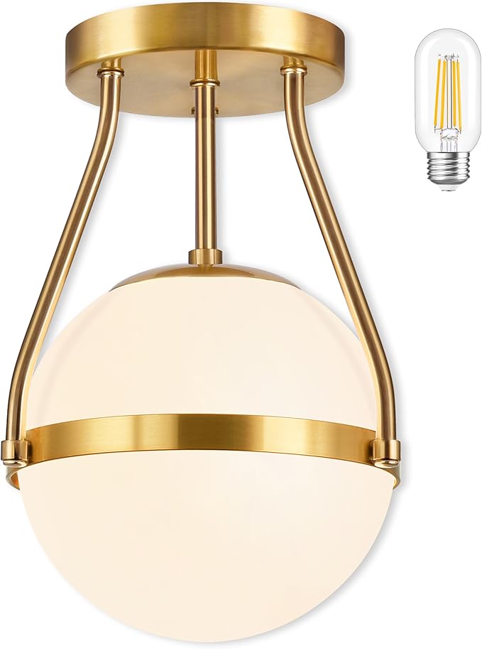 Bagood 8 Inch Mid Century Ceiling Light Modern Semi Flush Mount Ceiling Light Fixture Globe Ceiling Light Fixture with Milk Glass Shade Brass Finish for Kitchen Island Hallway Living Room (Bulb Incl.)