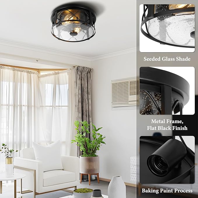 Rustic Close to Ceiling Light Fixtures, Farmhouse Flush Mount Ceiling Lighting, Metal Cage Lighting with Seeded Glass Black Cage for Home Kitchen Dining Room Bedroom Hallway Entryway Foyer