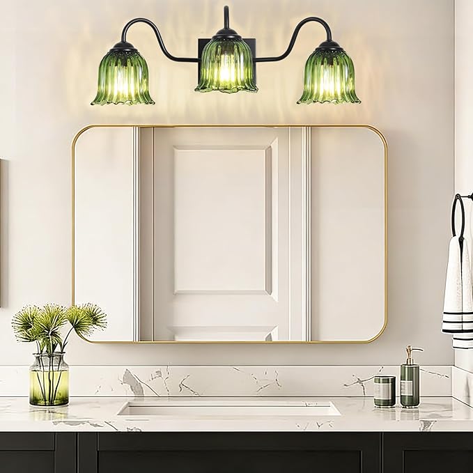 Vintage Bathroom Light Fixture, Black 3-Light Vanity Light Fixtures with Crystal Green Shades, Matte Vanity Lighting Fixture Modern Wall Sconces for Bedroom Dressing Room Living Room