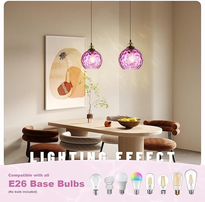Modern Hammered Pendant Light Purple Glass Hanging Pendant Light 7.8" Globe Pendant Light Fixture Black Farmhouse Kitchen Lighting Over Island Sink Dining Room Table