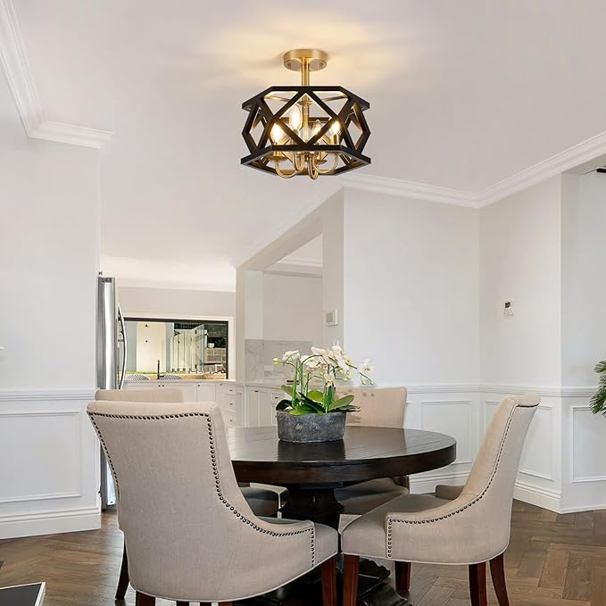 Black and Brushed Gold Semi Flush Mount Ceiling Light, Farmhouse Modern Light Fixture, 4-Light Metal Hallway Ceiling Lamp, Small Chandelier for Foyer Entryway Porch Bedroom Kitchen, E12 Base
