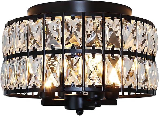 4-Light Crystal Flush Mount Ceiling Light, 11.2" Modern Chandelier, Black Ceiling Light Fixture for Kitchen, Bedroom, Hallway, Bathroom, Entryway, Closet, Dining Room