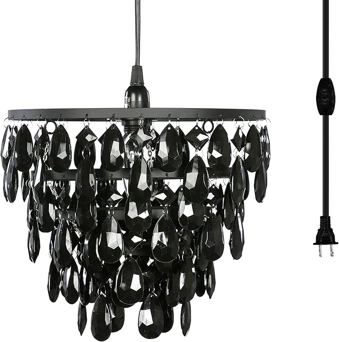 gypsy color The Original Brink House Plug-in 1 Light Black Dome Chandelier H10”xW11.5”, Black Metal Frame with 5 Tiers of Acrylic Crystals