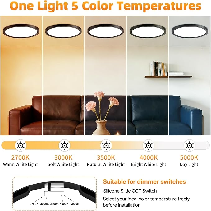12 Inch 2Pack Super Slim Flush Mount Ceiling Light Fixture,24W 3200LM Dimmable 5CCT Selectable 2700K-5000K Round Light Fixture for Living/Bedroom,Kitchen/Bathroom,Porch &All Indoor Spaces Black