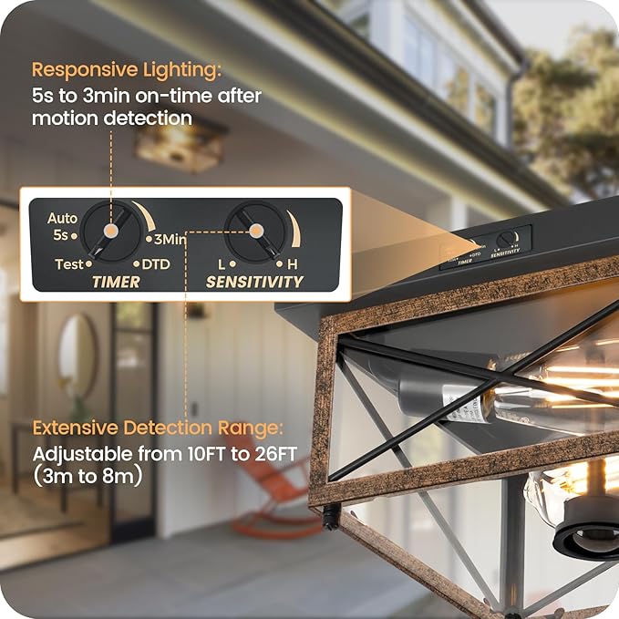 Outdoor Ceiling Light with Motion Sensor, Flush Mount Porch Ceiling Lights Outdoor, 2-Light Farmhouse Metal Close to Ceiling Light Fixture for Patio, Hallway, Garage, Rustic Brown FT09XD05W1