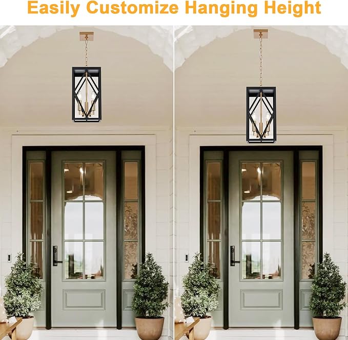 3-Light Outdoor Pendant Lights for Porch 15.7'' Outdoor Chandelier Black & Brushed Brass Exterior Hanging Porch Light Fixtures w/Clear Glass, Waterproof Outside Pendant Lantern for Front Door