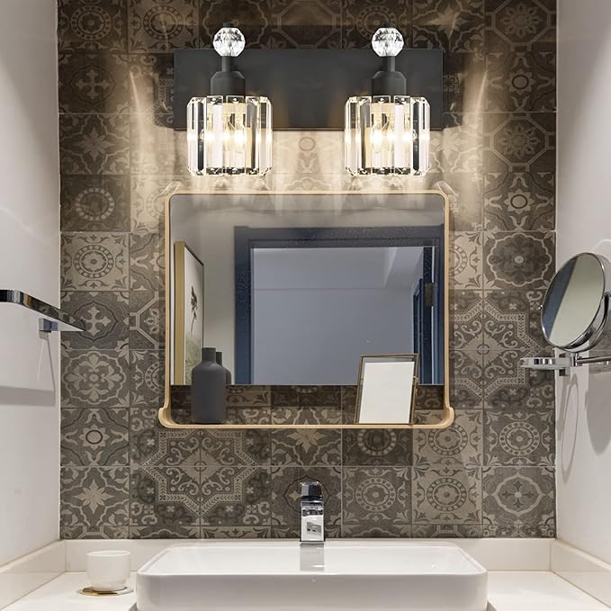 PRESDE 2-Light Crystal Bathroom Lights Fixtures Modern Matte Black Wall Lighting Over Mirror