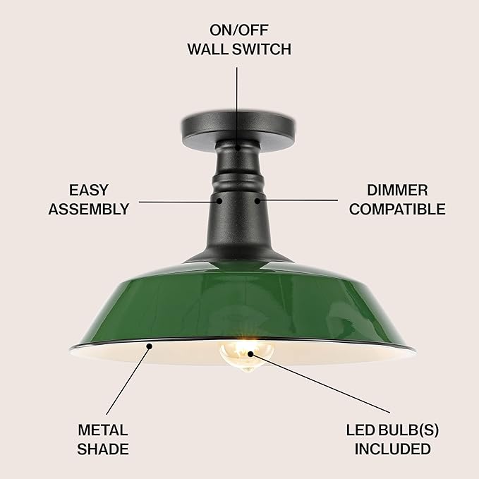 JONATHAN Y 14" Green/Black 1-Light Industrial LED Semi Flush Mount Ceiling Light for Porch, Kitchen, Entryway, Modern Farmhouse Iron Fixture, White Metal Shade, LED Bulb Included (JYL7617F)