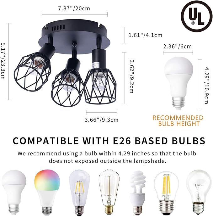 Industrial Semi Flush Mount Ceiling Light, 3-Light Multi-Directional Ceiling Light Fixtures, Vintage Black Metal Wire Cage Farmhouse Pendant Lighting for Kitchen Dining Room Hallway Foyer Bedroom E26