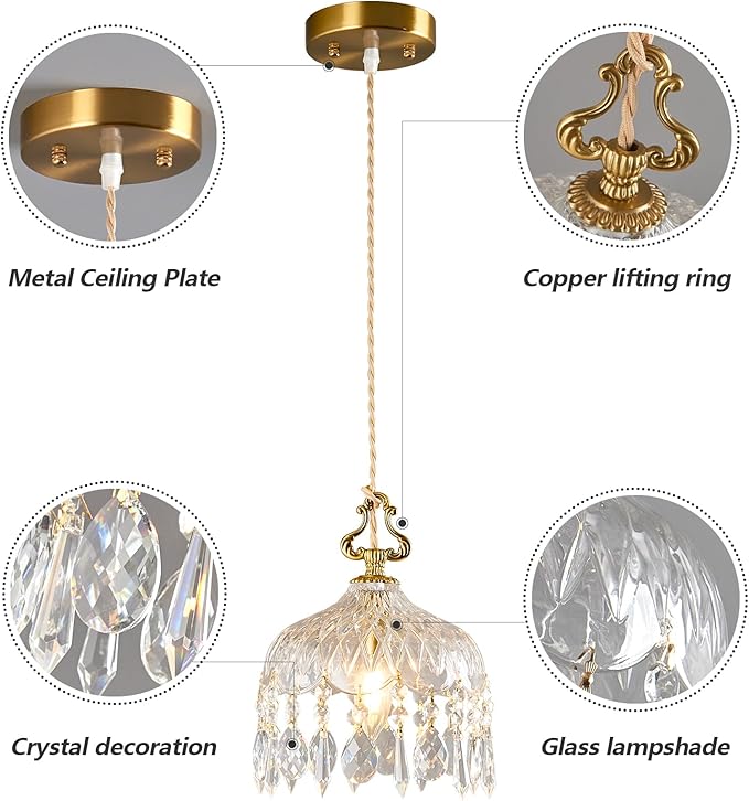 Brass Vintage Glass Pendant Light Crystal Hanging Light Fixtures,Adjustable Height Single Head Pendant Lights for Dining Room Living Room Bedroom Hallway(2-Pack)