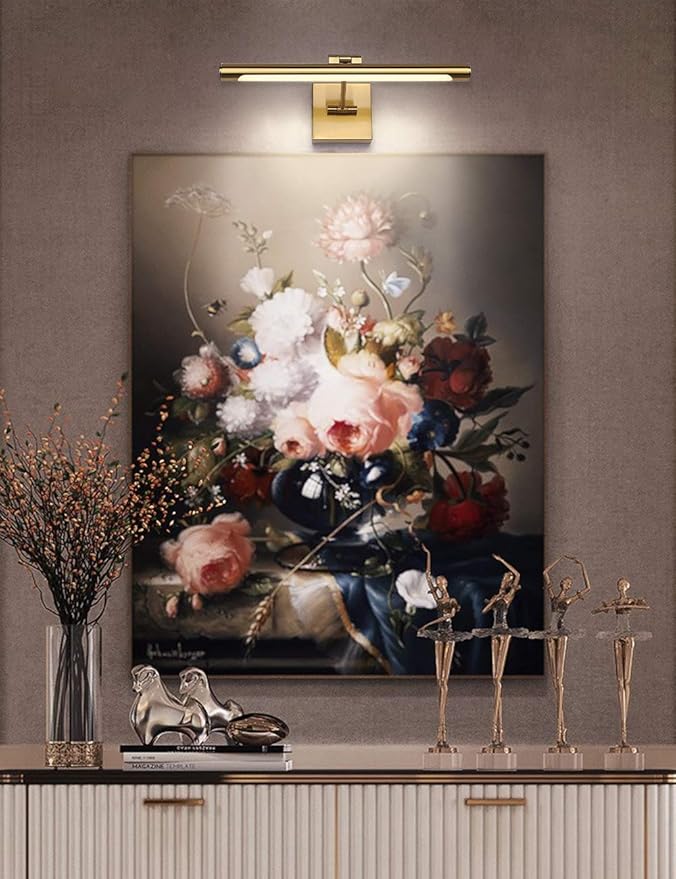 LED Picture Light Fixtures 16.54 Inches, Modern Metal Artwork Wall Lamps with Single Swing Arm, 7W (50W Eqv.), Hardwired Connection, Non-Dimmable, 3000K Warm White, CRI80+, Golden-Like Brass Finish