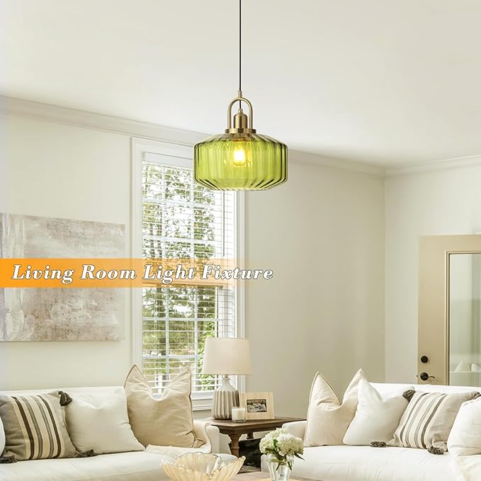 11.8in Mid Century Modern Green Glass Pendant Light Fixture, Large Gold Kitchen Island Pendants Light Glass Ceiling Hanging Lamp for Foyer Dining Room Bedroom Entryway Hallway Over Sink