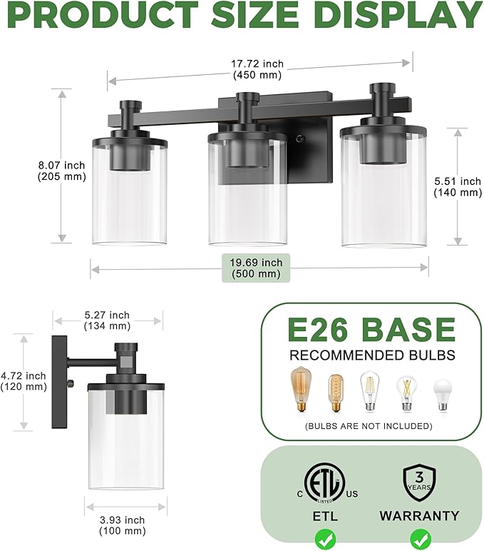 DORESshop 20 Inch Bathroom Light Fixtures, 3-Light Upgraded Matte Black Bathroom Lighting Fixtures Over Mirror with Clear Glass Shade, Vanity Lights for Bathroom Living Room Bedroom, ETL Listed