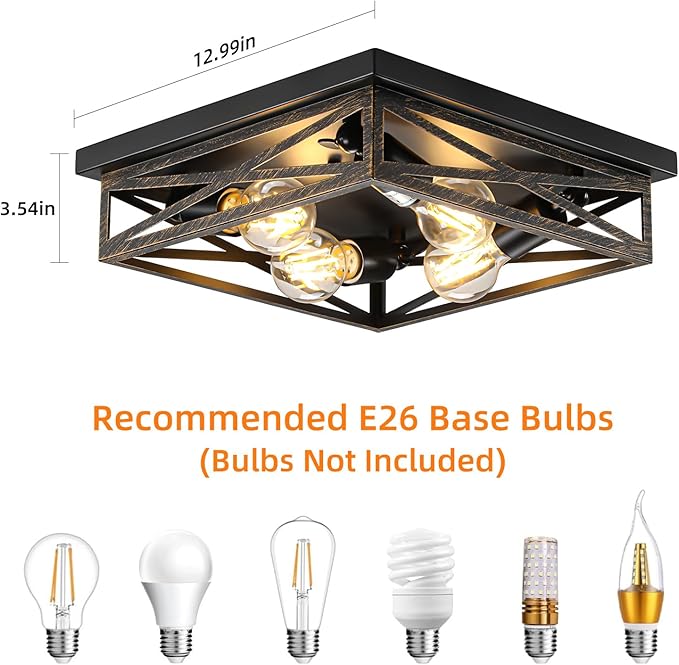 2 Pack Flush Mount Ceiling Light, Modern Farmhouse Light Fixture,Industrial Square Metal Cage Ceiling Light for Kitchen, Hallway E26 Base(13in)