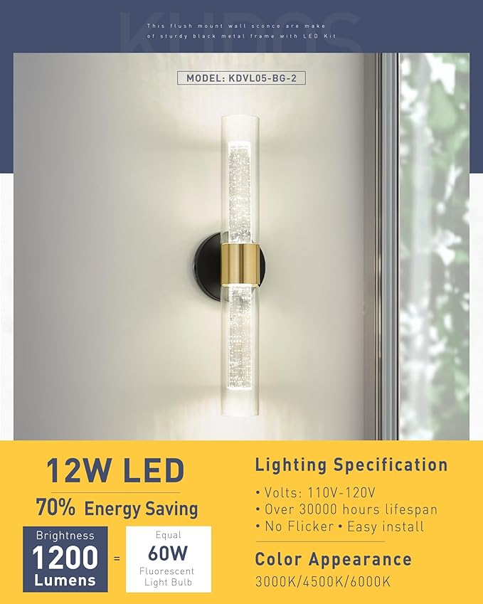 kudos Black and Gold Bathroom Light Fixtures,Modern Led Wall Sconce Light with Crystal Bubble and Clear Glass, 3000K/4500K/6000K Adjustable, KDVL05-BG-2