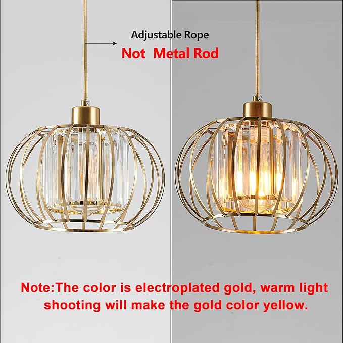 XSDeTu Gold Pendant Light Fixture, Modern Crystal Pendant Lights Kitchen Island, 1-Light Farmhouse Mini Chandelier, Adjustable Brass Hanging Light Fixture for Hallway, Bedroom, Dining Room