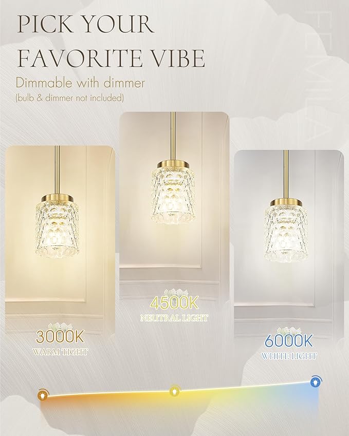 FEMILA 4" Gold Chandelier, 3-Pack Brushed Gold Pendant Light for Kitchen Island, Bedroom, Dining Room Light Fixture, Hammered Glass, 4FY86MIL-3PK BG