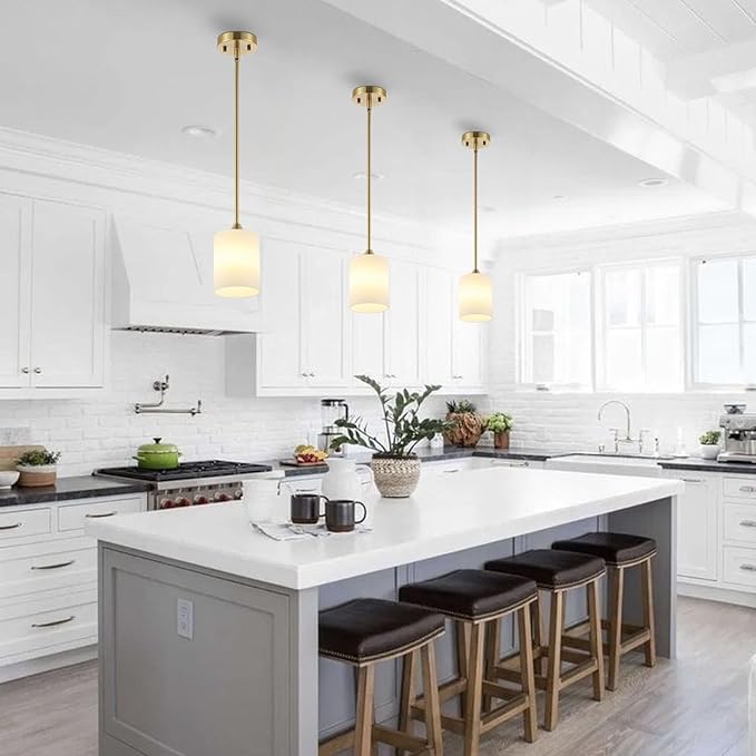 BYOLIIMA Modern Gold Pendant Light 3 Pack Brushed Brass Mid Century Chandelier White Cylinder Glass Shades Adjustable Rods Farmhouse Ceiling Hanging Lighting Fixture Kitchen Island Dining Room Bedroom