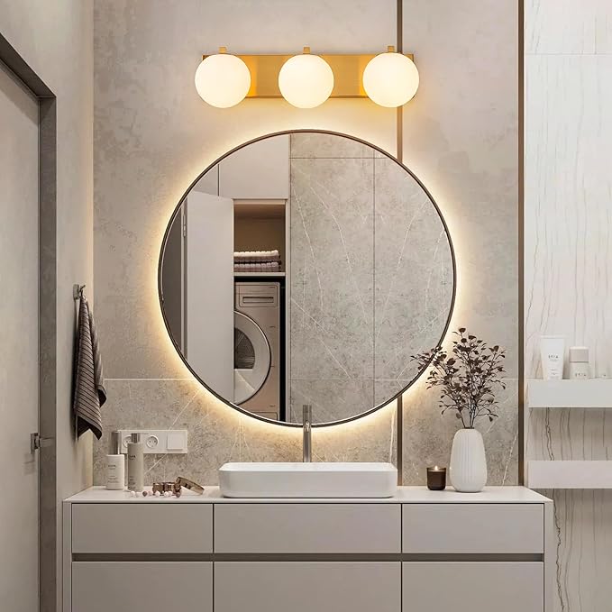 Lingkai Brushed Gold Vanity Light, 3-Light Bathroom Lighting Fixtures Above Mirror with Milky White Glass Globe Shades, Mid-Century Modern Vanity Lighting Fixtures Wall Sconce 22 Inch, E12 Socket