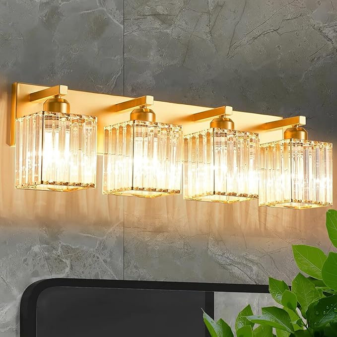 Bathroom Vanity Light Fixtures Over Mirror 4 Crystal Lights - Makeup Lighting Pure Gold - for Modern Wall, Bath, Desk, Farmhouse, Hallway