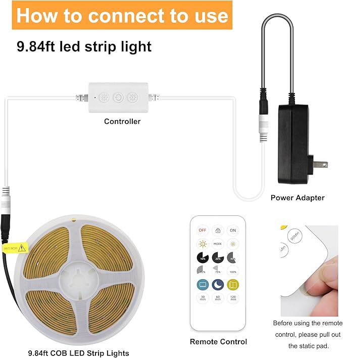 AXMOTUT COB LED Strip Lights with Remote, 24V 9.84ft Warm White Dimmable LED Light Strips, High Bright 3000K LED Lights with Power Supply for Room, Kitchen, DIY Home Decoration